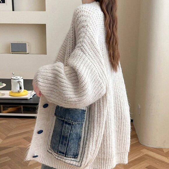 Beige Casual Womens Pocket Decor Drop Shoulder Oversized Cardigan - Picture 2 of 3